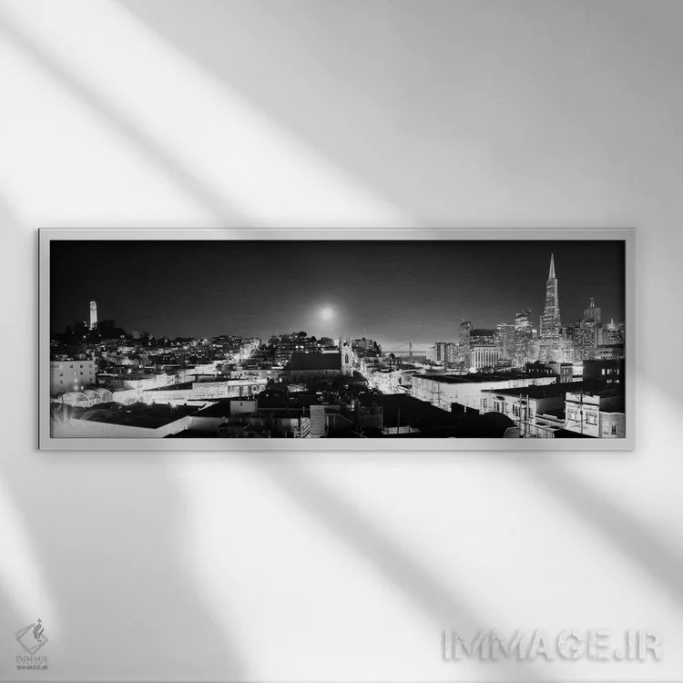 تابلو منظرهٔ گستردهٔ آسماننمای سانفرانسیسکو (سیاه و سفید) اثر هنرمند ناشناس - نمای قابدار سفید