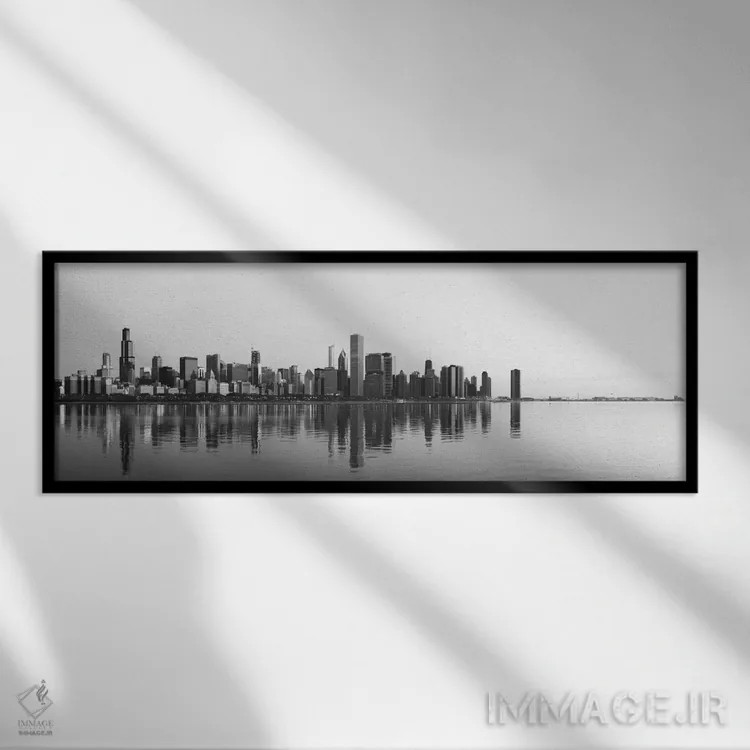 تابلو منظرهٔ گستردهٔ آسماننمای شیکاگو (سیاه و سفید) اثر هنرمند ناشناس - نمای قابدار مشکی