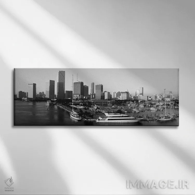 تابلو منظرهٔ گستردهٔ آسماننمای میامی (سیاه و سفید) اثر هنرمند ناشناس - نمای روبهرو روی دیوار