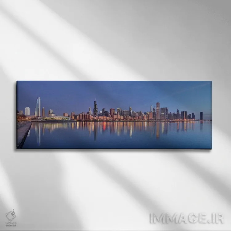 تابلو منظرهٔ گستردهٔ آسماننمای شیکاگو (غروب) اثر هنرمند ناشناس - نمای روبهرو روی دیوار