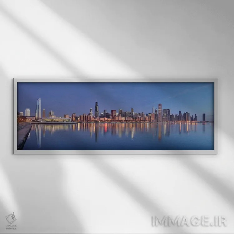 تابلو منظرهٔ گستردهٔ آسماننمای شیکاگو (غروب) اثر هنرمند ناشناس - نمای قابدار سفید
