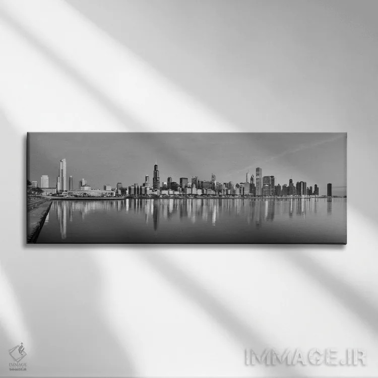تابلو منظرهٔ گستردهٔ آسماننمای شیکاگو (سیاه و سفید) اثر هنرمند ناشناس - نمای روبهرو روی دیوار