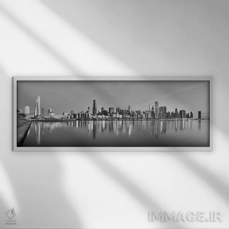 تابلو منظرهٔ گستردهٔ آسماننمای شیکاگو (سیاه و سفید) اثر هنرمند ناشناس - نمای قابدار سفید