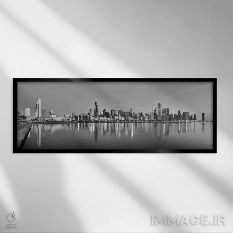 تابلو منظرهٔ گستردهٔ آسماننمای شیکاگو (سیاه و سفید) اثر هنرمند ناشناس - نمای قابدار مشکی