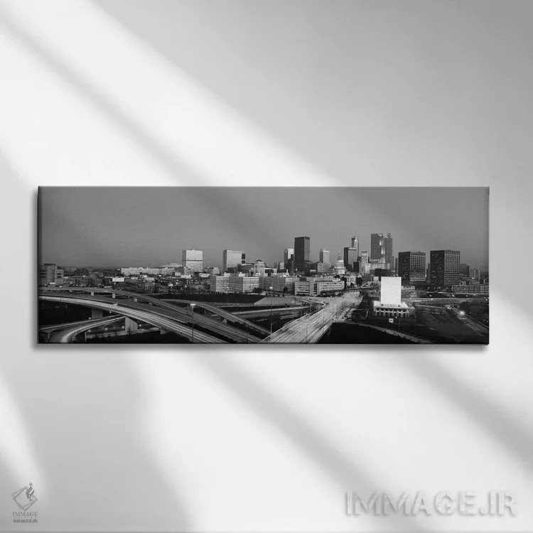 تابلو منظرهٔ گستردهٔ آسماننمای آتلانتا (سیاه و سفید) اثر هنرمند ناشناس - نمای روبهرو روی دیوار