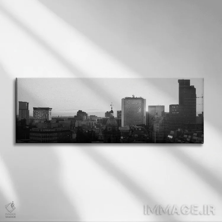 تابلو منظرهٔ گستردهٔ آسماننمای بیرمنگام (سیاه و سفید) اثر هنرمند ناشناس - نمای روبهرو روی دیوار