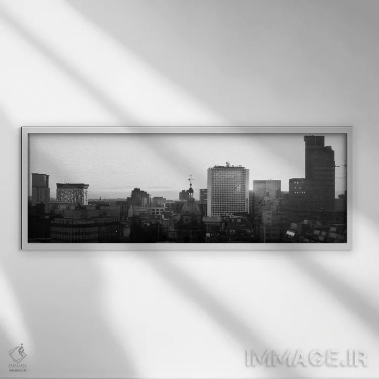 تابلو منظرهٔ گستردهٔ آسماننمای بیرمنگام (سیاه و سفید) اثر هنرمند ناشناس - نمای قابدار سفید