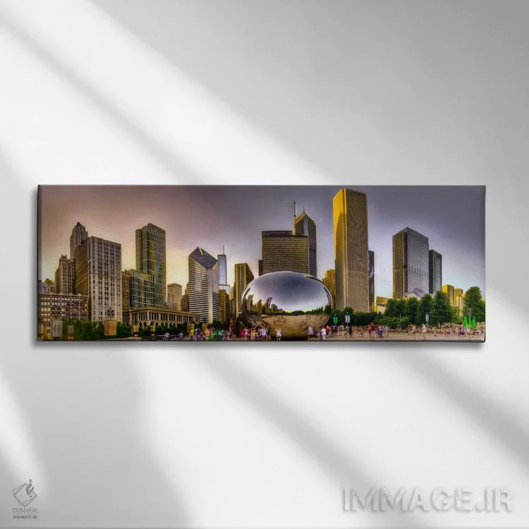 تابلو منظرهٔ گستردهٔ آسماننمای شیکاگو (غروب) اثر هنرمند ناشناس - نمای روبهرو روی دیوار