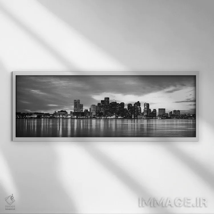 تابلو منظرهٔ گستردهٔ آسماننمای بوستون (سیاه و سفید) اثر هنرمند ناشناس - نمای قابدار سفید