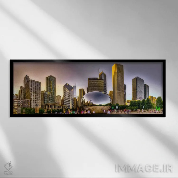 تابلو منظرهٔ گستردهٔ آسماننمای شیکاگو (غروب) اثر هنرمند ناشناس - نمای قابدار مشکی