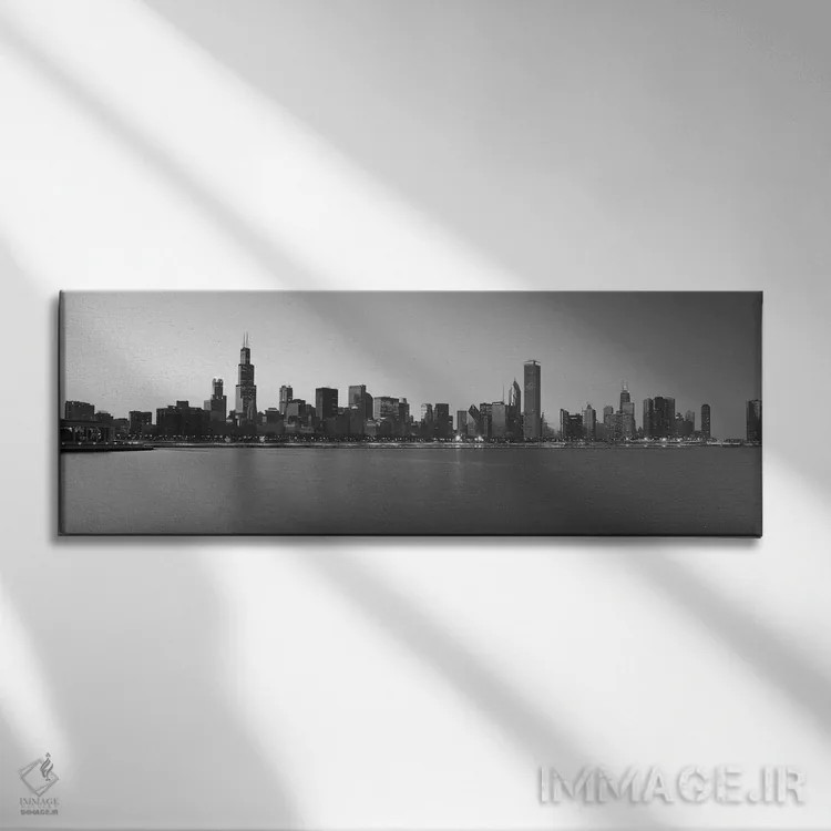 تابلو منظرهٔ گستردهٔ آسماننمای شیکاگو (سیاه و سفید) اثر هنرمند ناشناس - نمای روبهرو روی دیوار