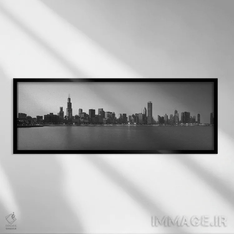 تابلو منظرهٔ گستردهٔ آسماننمای شیکاگو (سیاه و سفید) اثر هنرمند ناشناس - نمای قابدار مشکی