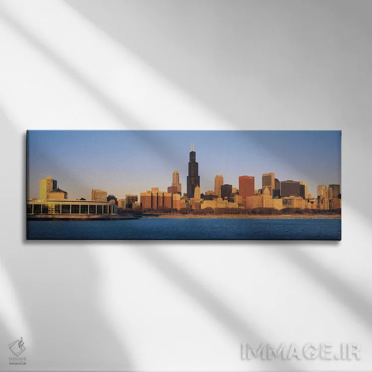 تابلو منظرهٔ گستردهٔ آسماننمای شیکاگو (غروب) اثر هنرمند ناشناس - نمای روبهرو روی دیوار