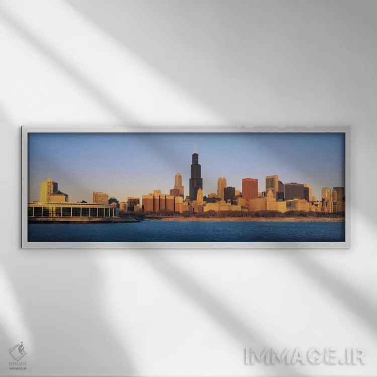 تابلو منظرهٔ گستردهٔ آسماننمای شیکاگو (غروب) اثر هنرمند ناشناس - نمای قابدار سفید