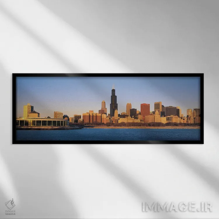 تابلو منظرهٔ گستردهٔ آسماننمای شیکاگو (غروب) اثر هنرمند ناشناس - نمای قابدار مشکی