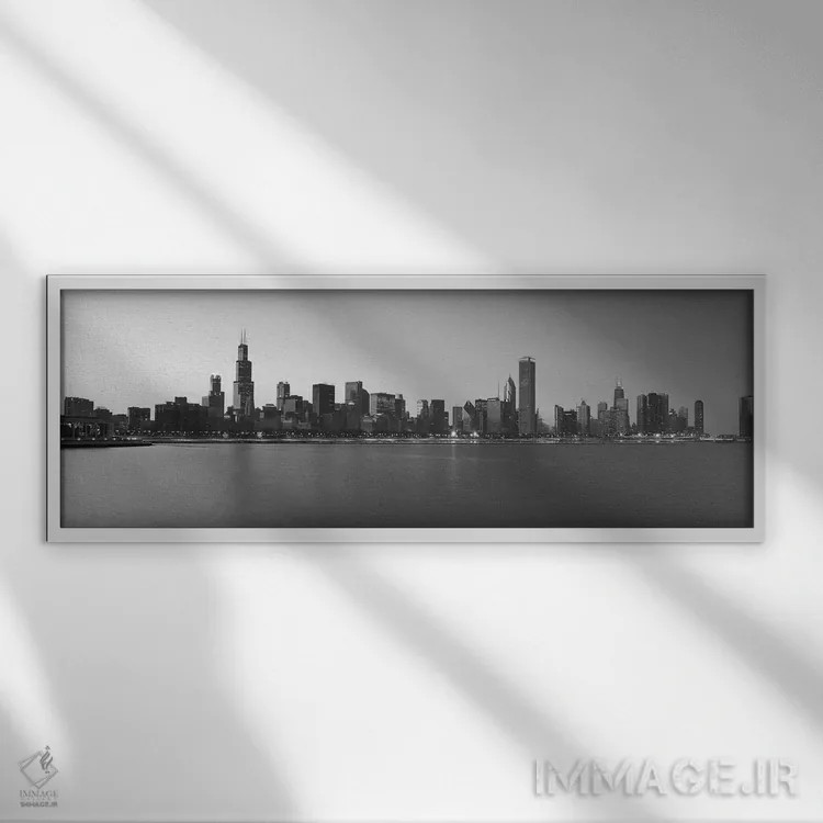 تابلو منظرهٔ گستردهٔ آسماننمای شیکاگو (سیاه و سفید) اثر هنرمند ناشناس - نمای قابدار سفید