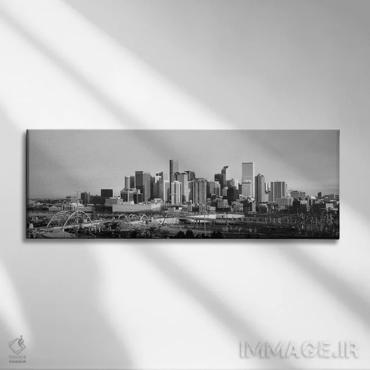 تابلو منظرهٔ گستردهٔ آسماننمای دنور (سیاه و سفید) اثر هنرمند ناشناس - نمای روبهرو روی دیوار