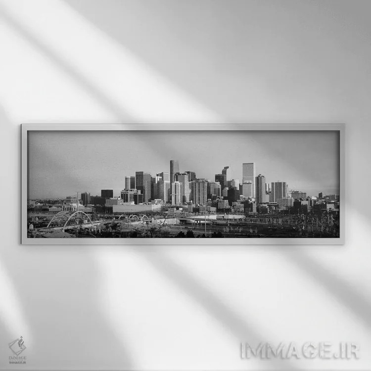 تابلو منظرهٔ گستردهٔ آسماننمای دنور (سیاه و سفید) اثر هنرمند ناشناس - نمای قابدار سفید