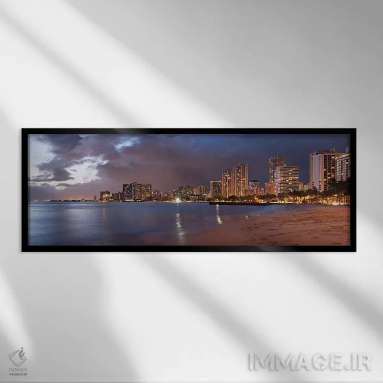 تابلو منظرهٔ گستردهٔ آسماننمای هونولولو (غروب) اثر هنرمند ناشناس - نمای قابدار مشکی
