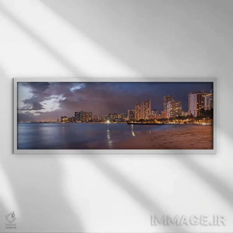 تابلو منظرهٔ گستردهٔ آسماننمای هونولولو (غروب) اثر هنرمند ناشناس - نمای قابدار سفید