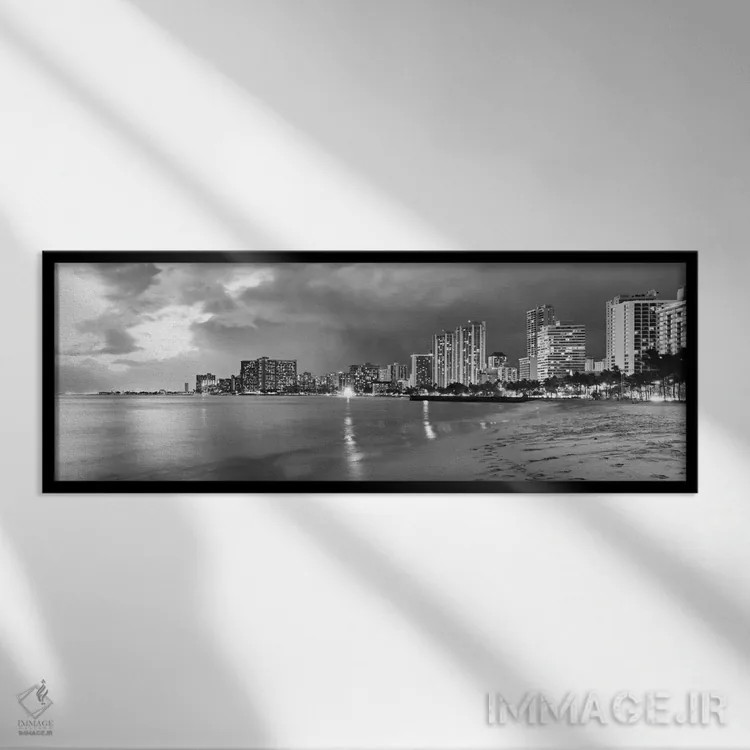 تابلو منظرهٔ گستردهٔ آسماننمای هونولولو (سیاه و سفید) اثر هنرمند ناشناس - نمای قابدار مشکی