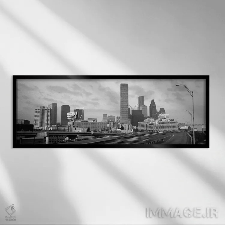 تابلو منظرهٔ گستردهٔ آسماننمای هیوستون (سیاه و سفید) اثر هنرمند ناشناس - نمای قابدار مشکی