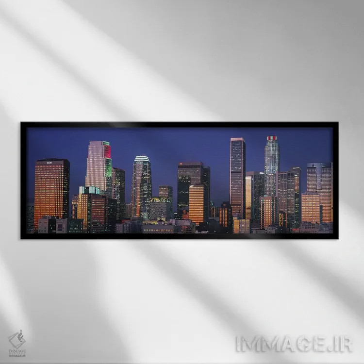 تابلو منظرهٔ گستردهٔ آسماننمای لسآنجلس (غروب) اثر هنرمند ناشناس - نمای قابدار مشکی