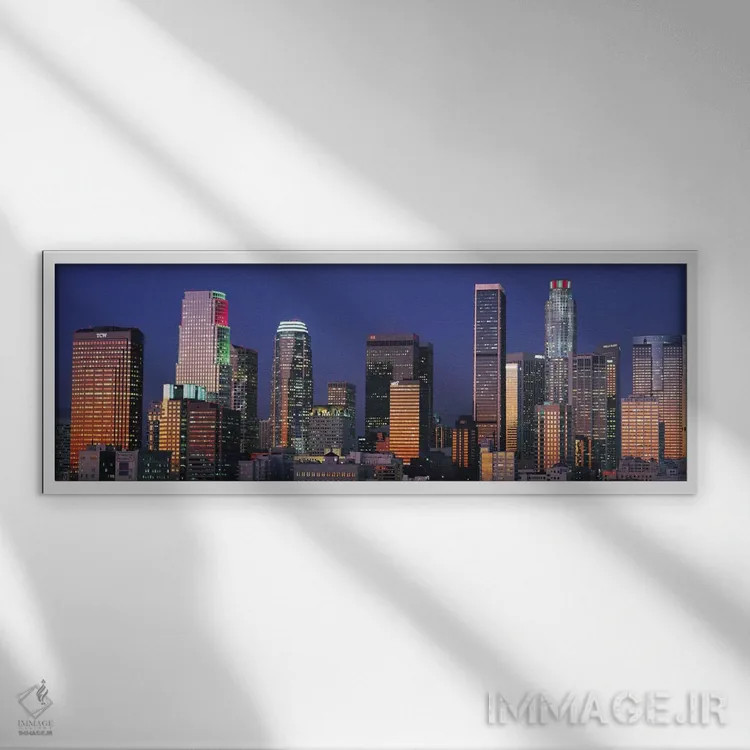 تابلو منظرهٔ گستردهٔ آسماننمای لسآنجلس (غروب) اثر هنرمند ناشناس - نمای قابدار سفید