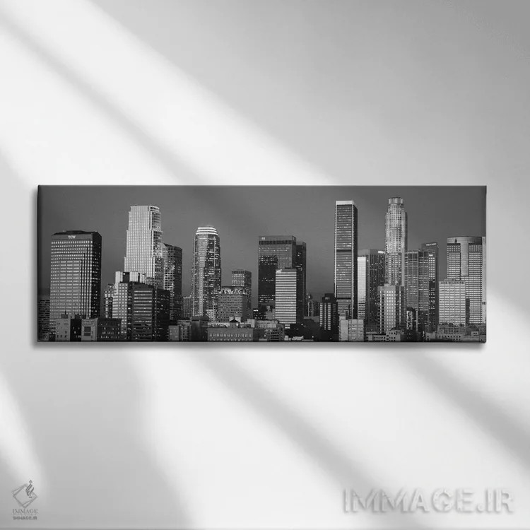 تابلو منظرهٔ گستردهٔ آسماننمای لسآنجلس (سیاه و سفید) اثر هنرمند ناشناس - نمای روبهرو روی دیوار