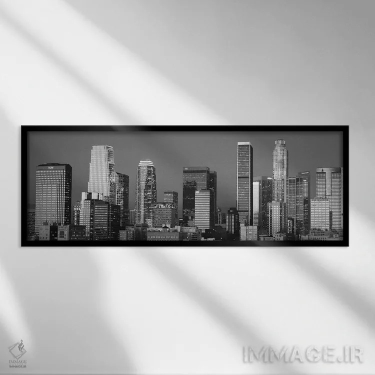 تابلو منظرهٔ گستردهٔ آسماننمای لسآنجلس (سیاه و سفید) اثر هنرمند ناشناس - نمای قابدار مشکی