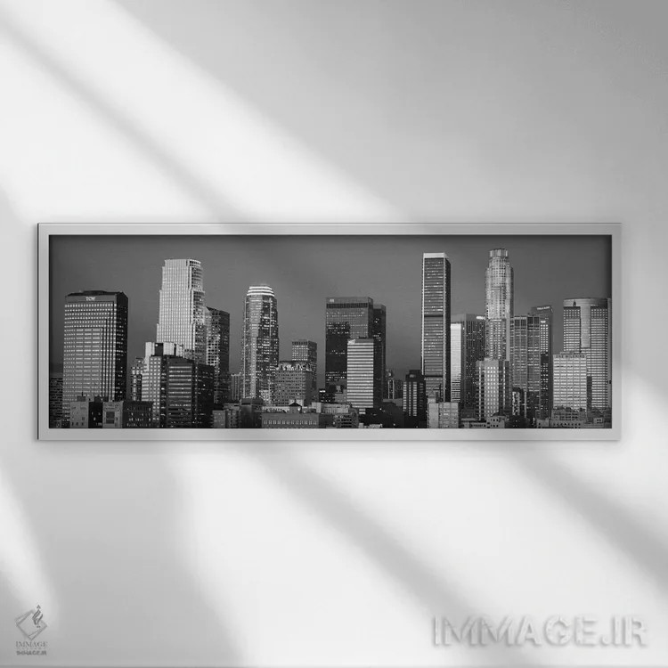 تابلو منظرهٔ گستردهٔ آسماننمای لسآنجلس (سیاه و سفید) اثر هنرمند ناشناس - نمای قابدار سفید