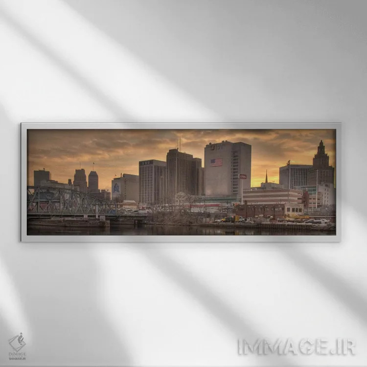 تابلو منظرهٔ گستردهٔ آسماننمای نیوارک (غروب) اثر هنرمند ناشناس - نمای قابدار سفید