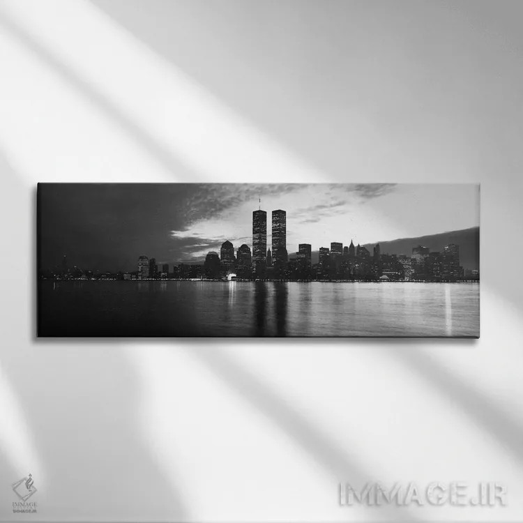 تابلو منظرهٔ گستردهٔ آسماننمای نیویورک (سیاه و سفید) اثر هنرمند ناشناس - نمای روبهرو روی دیوار