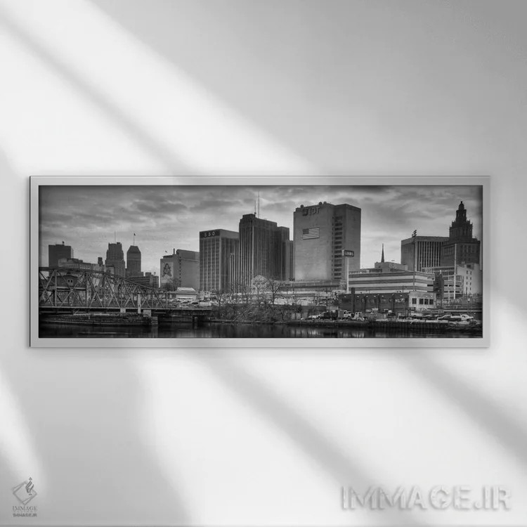 تابلو منظرهٔ گستردهٔ آسماننمای نیوارک (سیاه و سفید) اثر هنرمند ناشناس - نمای قابدار سفید