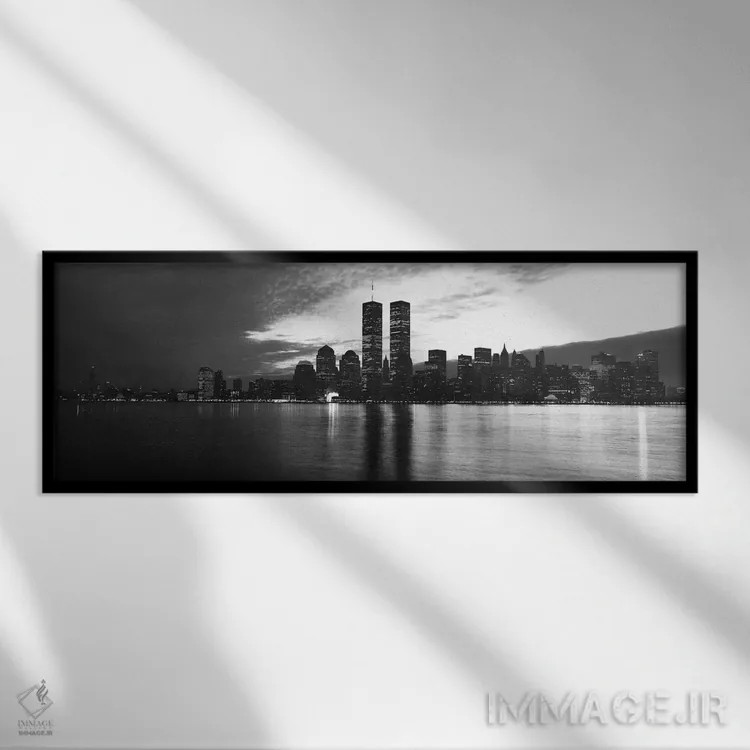 تابلو منظرهٔ گستردهٔ آسماننمای نیویورک (سیاه و سفید) اثر هنرمند ناشناس - نمای قابدار مشکی