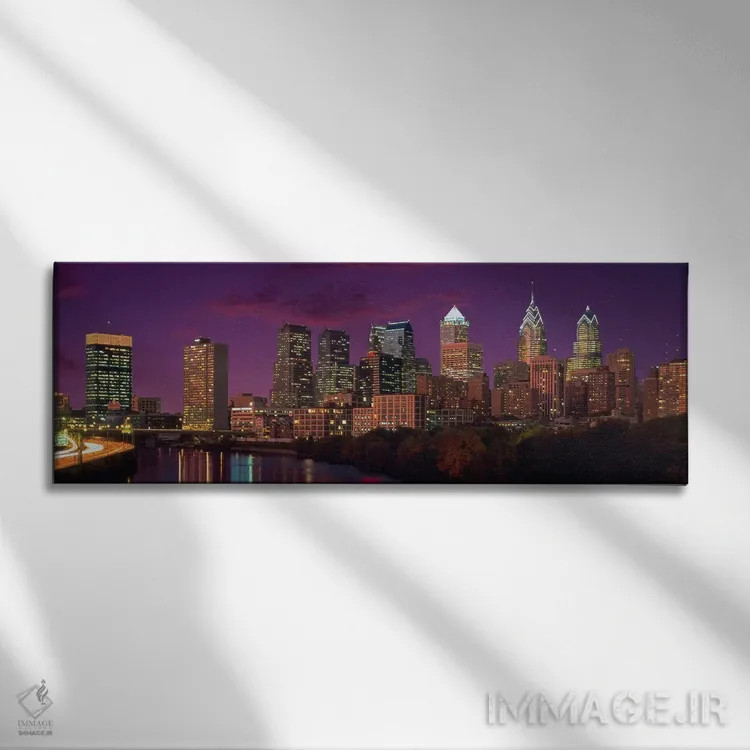 تابلو منظرهٔ گستردهٔ آسماننمای فیلادلفیا (غروب) اثر هنرمند ناشناس - نمای روبهرو روی دیوار