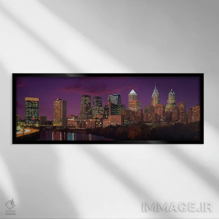 تابلو منظرهٔ گستردهٔ آسماننمای فیلادلفیا (غروب) اثر هنرمند ناشناس - نمای قابدار مشکی