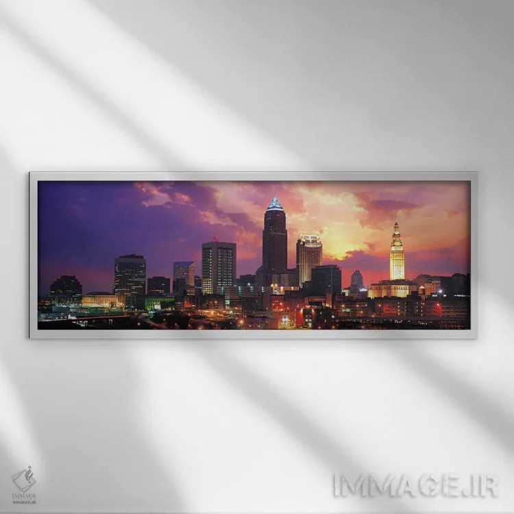 تابلو منظرهٔ گستردهٔ آسماننمای کلیولند (غروب) اثر هنرمند ناشناس - نمای قابدار سفید
