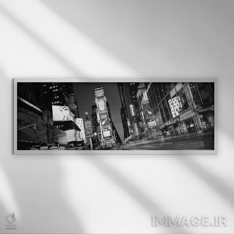 تابلو منظرهٔ گستردهٔ آسماننمای نیویورک (سیاه و سفید) اثر هنرمند ناشناس - نمای قابدار سفید