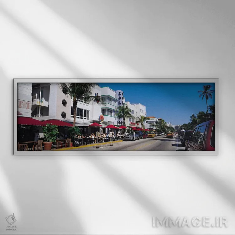 تابلو منظرهٔ گستردهٔ آسماننمای میامی (ساوت بیچ) اثر هنرمند ناشناس - نمای قابدار سفید