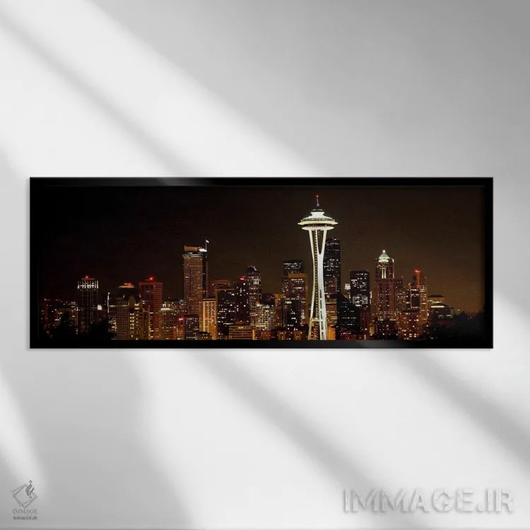 تابلو منظرهٔ گستردهٔ آسماننمای سیاتل (شب) اثر هنرمند ناشناس - نمای قابدار مشکی