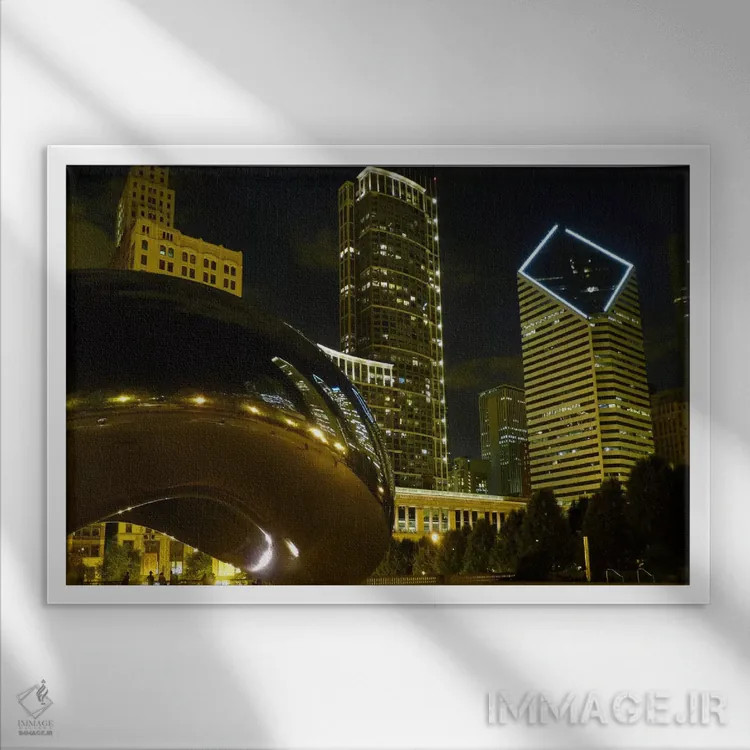 تابلو منظرهٔ شهری تندیس کلود گیت شیکاگو (معروف به بین) اثر هنرمند ناشناس - نمای قابدار سفید