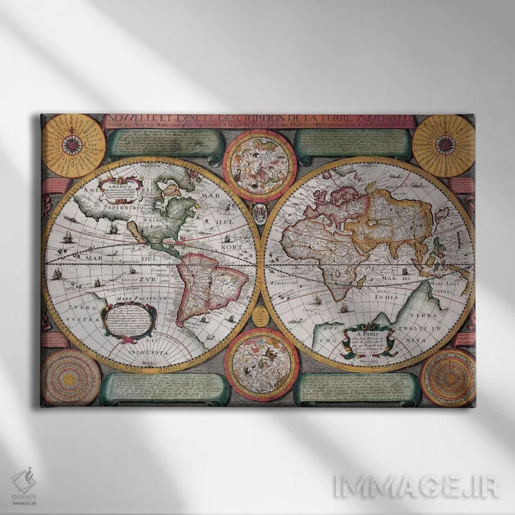 تابلو نقشهٔ قدیمی، تِر یونیورسل، ۱۵۹۴ (Terre Universelle: نام فرانسوی) اثر هنرمند ناشناس - نمای روبهرو روی دیوار
