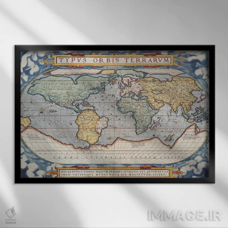 تابلو نقشهٔ قدیمی جهان، ۱۵۷۰ اثر هنرمند ناشناس - نمای قابدار مشکی