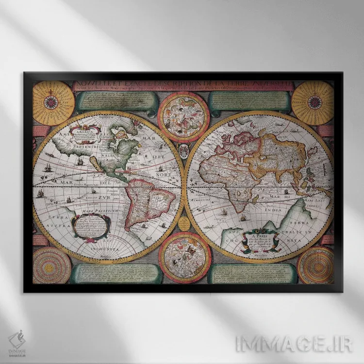 تابلو نقشهٔ قدیمی، تِر یونیورسل، ۱۵۹۴ (Terre Universelle: نام فرانسوی) اثر هنرمند ناشناس - نمای قابدار مشکی