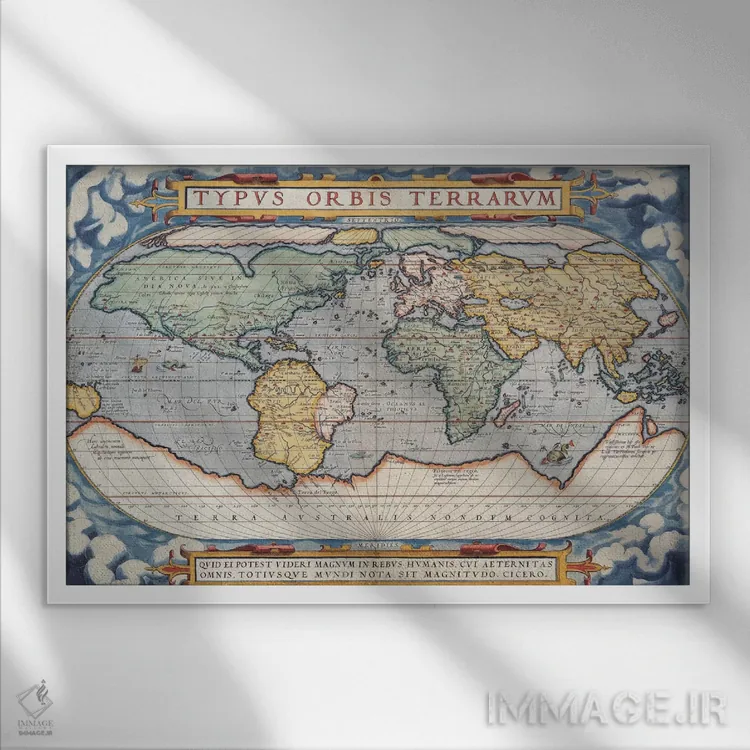 تابلو نقشهٔ قدیمی جهان، ۱۵۷۰ اثر هنرمند ناشناس - نمای قابدار سفید