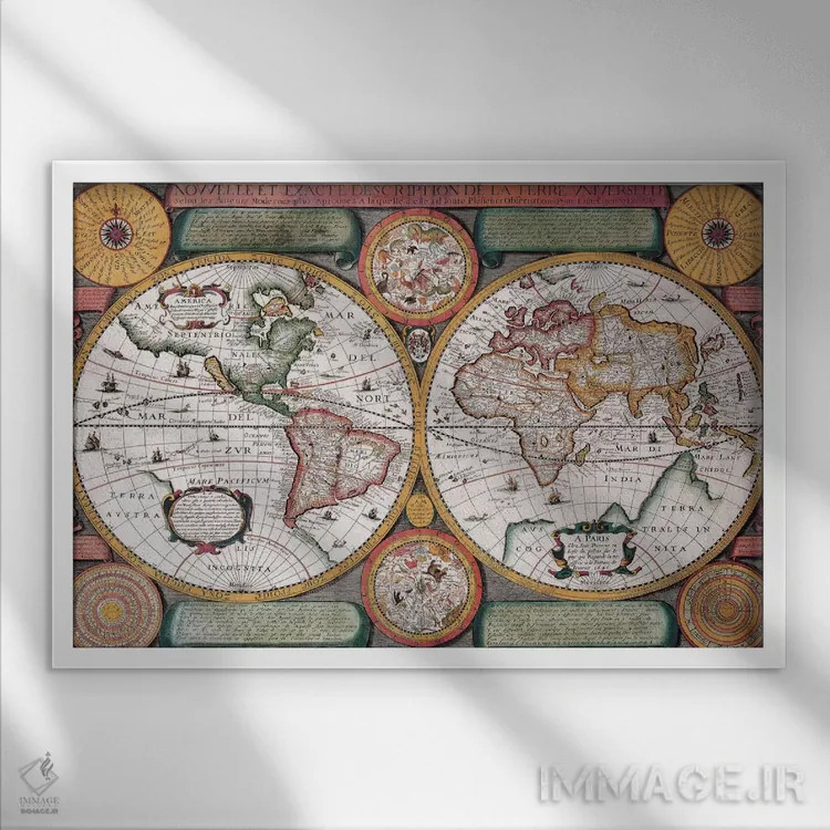 تابلو نقشهٔ قدیمی، تِر یونیورسل، ۱۵۹۴ (Terre Universelle: نام فرانسوی) اثر هنرمند ناشناس - نمای قابدار سفید