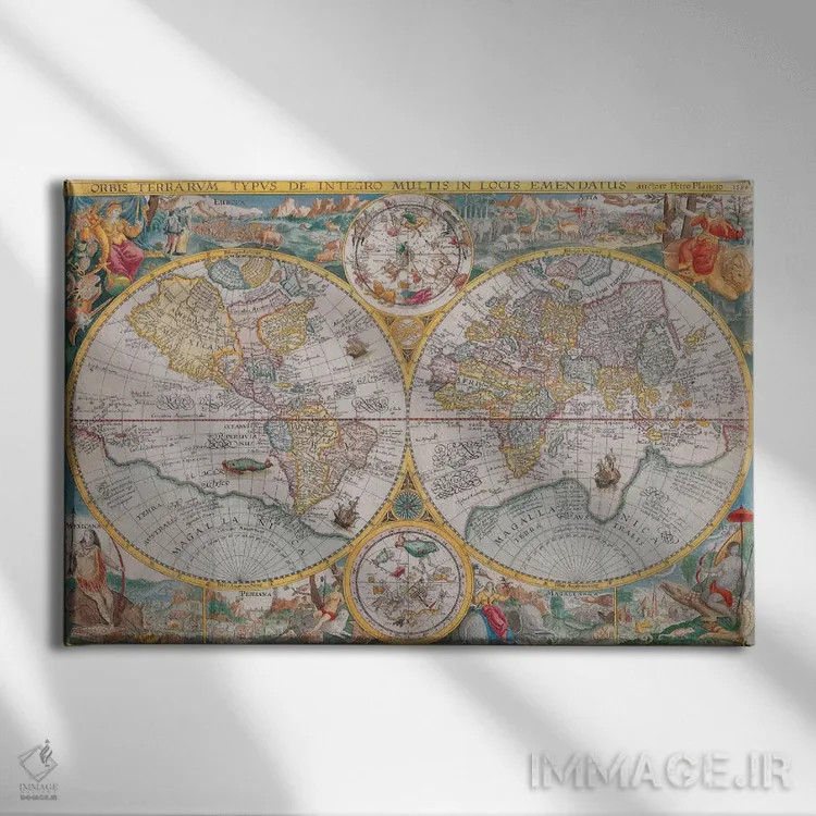 تابلو نقشهٔ قدیمی جهان، ۱۵۹۴ اثر هنرمند ناشناس - نمای روبهرو روی دیوار