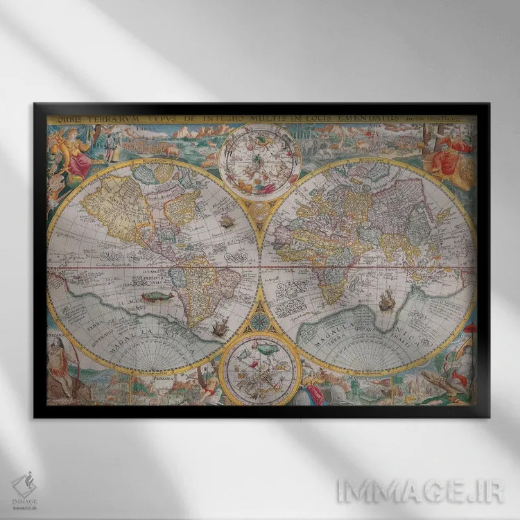 تابلو نقشهٔ قدیمی جهان، ۱۵۹۴ اثر هنرمند ناشناس - نمای قابدار مشکی