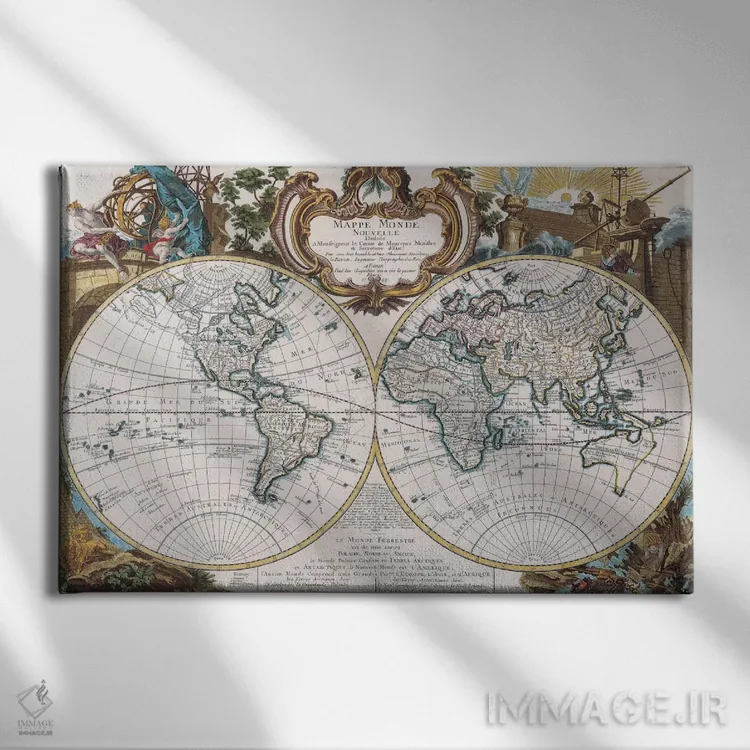 تابلو نقشهٔ قدیمی جهان با دو نیمکره اثر هنرمند ناشناس - نمای روبهرو روی دیوار
